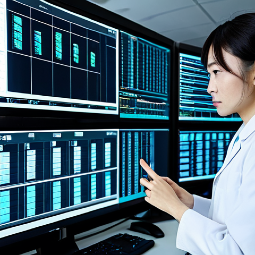 A focused Japanese healthcare administrator (保健医療行政士) in a professional business suit, meticulously working at a high-tech workstation in a secure, modern medical data management center. Large, illuminated screens display complex, abstract data security protocols and secure digital interfaces. The atmosphere is calm and highly professional, emphasizing advanced data protection. fully clothed, appropriate attire, modest clothing, professional dress, safe for work, appropriate content, professional, family-friendly, perfect anatomy, correct proportions, natural pose, well-formed hands, proper finger count, natural body proportions, professional photography, high resolution, ultra-detailed, cinematic quality, soft diffused lighting.