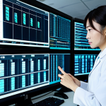 A focused Japanese healthcare administrator (保健医療行政士) in a professional business suit, meticulously working at a high-tech workstation in a secure, modern medical data management center. Large, illuminated screens display complex, abstract data security protocols and secure digital interfaces. The atmosphere is calm and highly professional, emphasizing advanced data protection. fully clothed, appropriate attire, modest clothing, professional dress, safe for work, appropriate content, professional, family-friendly, perfect anatomy, correct proportions, natural pose, well-formed hands, proper finger count, natural body proportions, professional photography, high resolution, ultra-detailed, cinematic quality, soft diffused lighting.