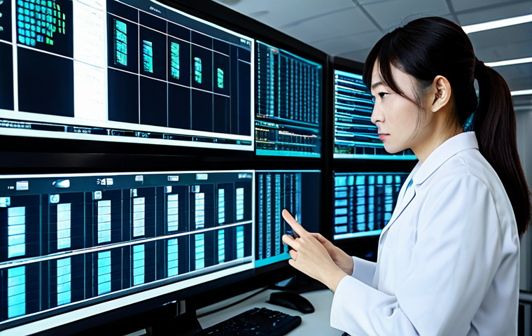 A focused Japanese healthcare administrator (保健医療行政士) in a professional business suit, meticulously working at a high-tech workstation in a secure, modern medical data management center. Large, illuminated screens display complex, abstract data security protocols and secure digital interfaces. The atmosphere is calm and highly professional, emphasizing advanced data protection. fully clothed, appropriate attire, modest clothing, professional dress, safe for work, appropriate content, professional, family-friendly, perfect anatomy, correct proportions, natural pose, well-formed hands, proper finger count, natural body proportions, professional photography, high resolution, ultra-detailed, cinematic quality, soft diffused lighting.